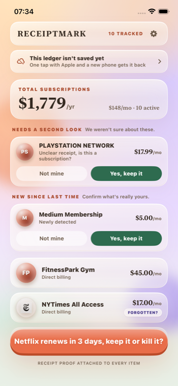The Receiptmark app showing a list of tracked subscriptions with an annual total.